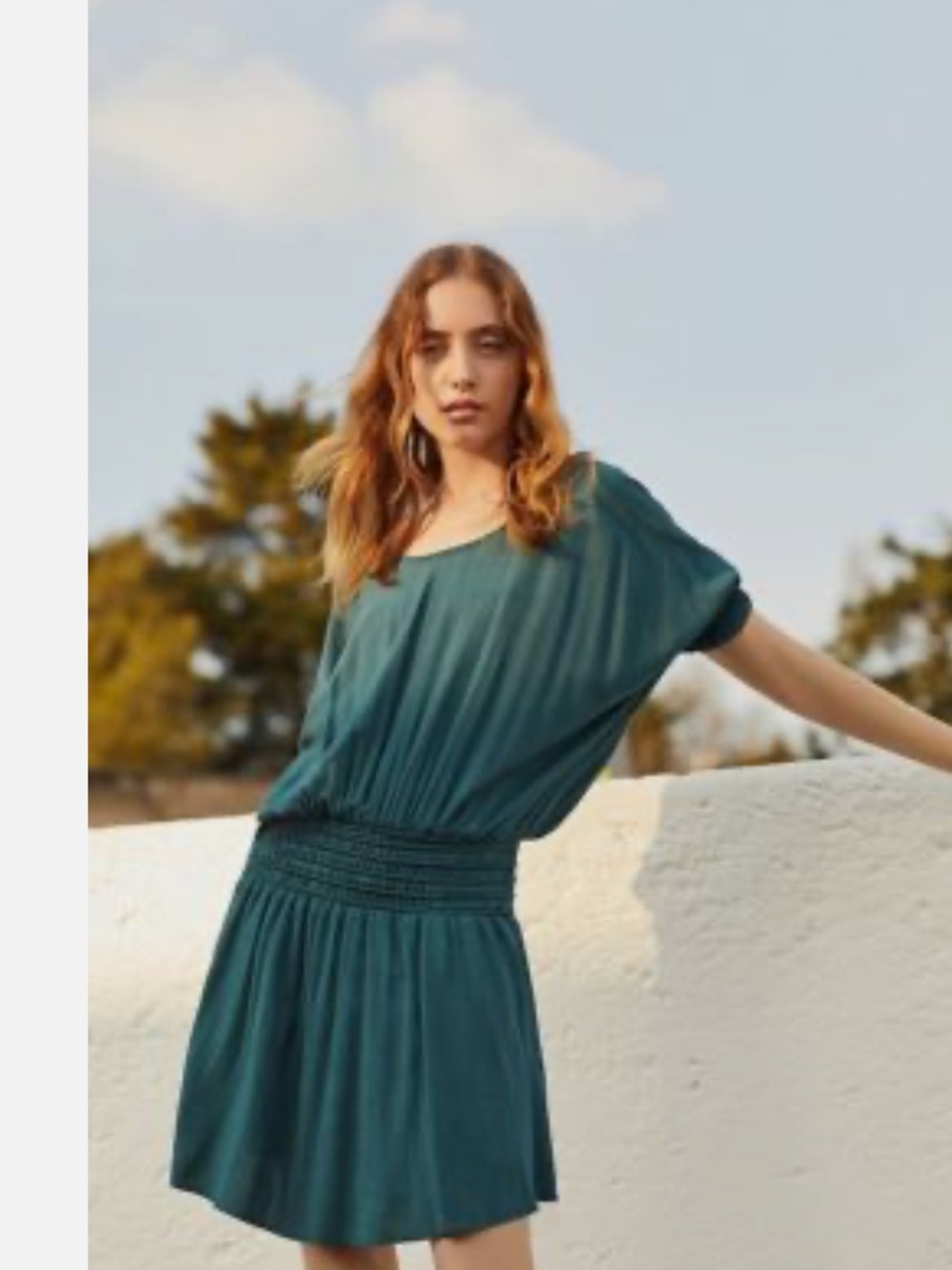 Anthropologie Azriel Corded Mini Dress Teal Short-Sleeve Smocked Waist Size 2